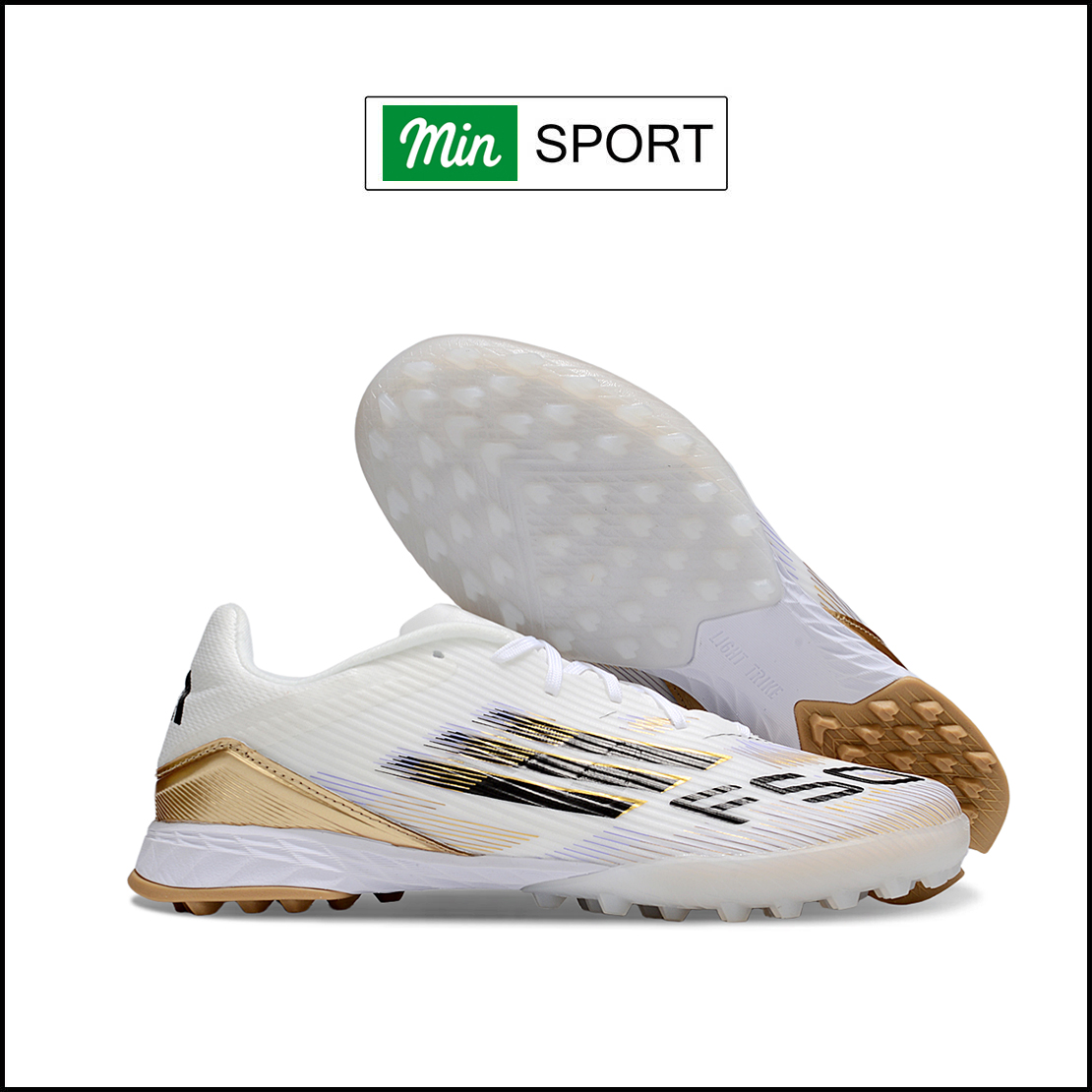 Giày Bóng Đá Trẻ Em Adidas F50 League Trắng Vạch Đen Gót Nâu TF