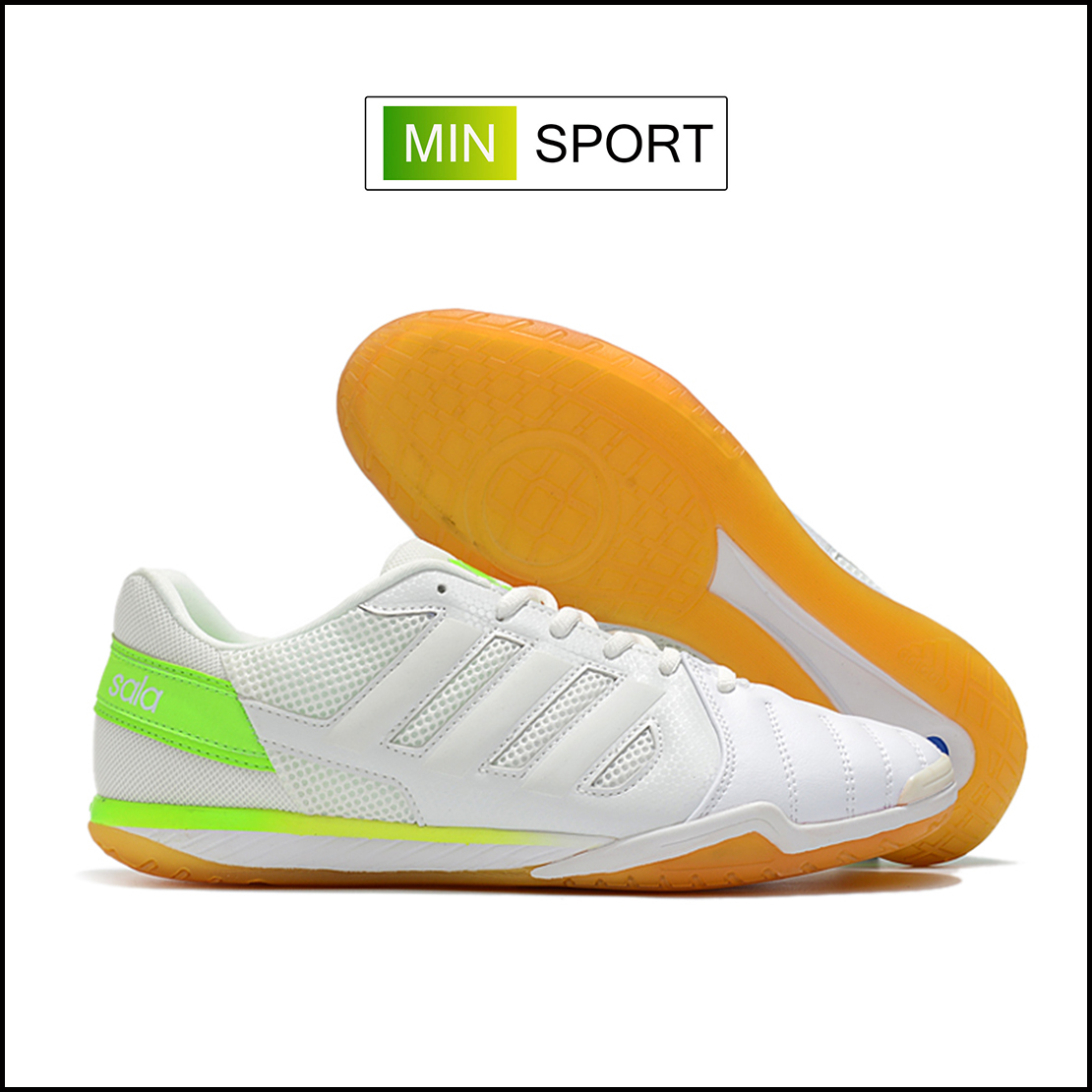 Giày Bóng Đá Adidas Top Sala Trắng Vạch Trắng Gót Xanh Lá IC
