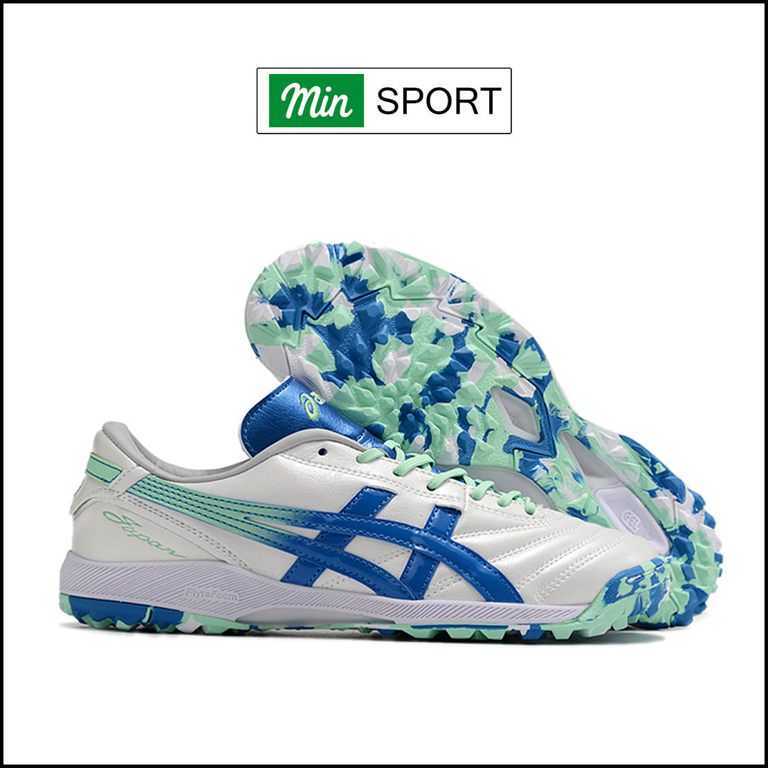 Giày Bóng Đá Asics C3 Trắng Vạch Xanh Biển Đế Rằn Ri TF