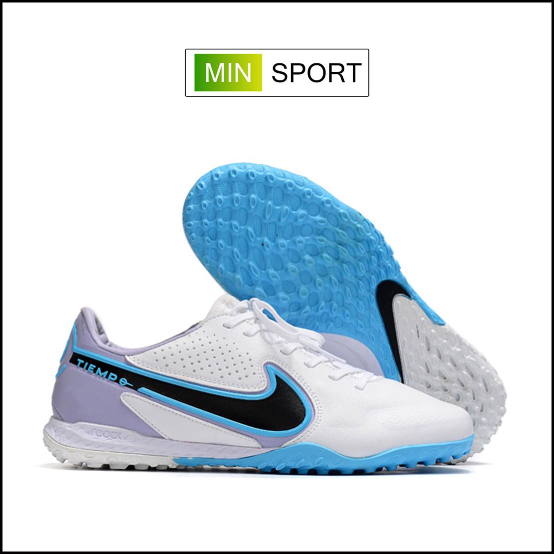 Giày Bóng Đá Nike Tiempo 9 Pro Trắng Xanh Biển Gót Tím TF