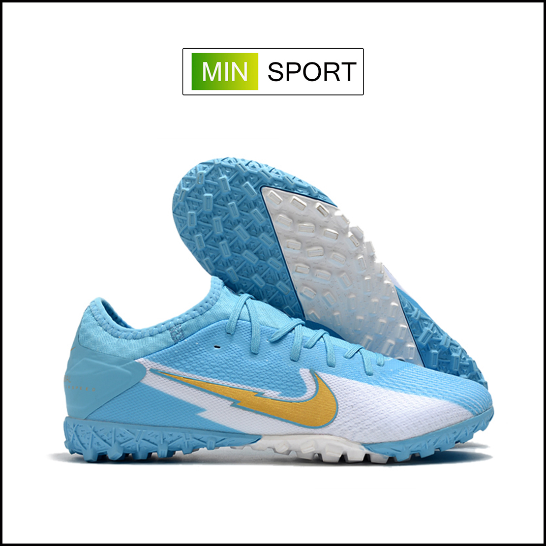 Giày Bóng Đá Nike Mercurial Vapor 13 Pro Xanh Dương Trắng Vạch Vàng Cổ Thun TF