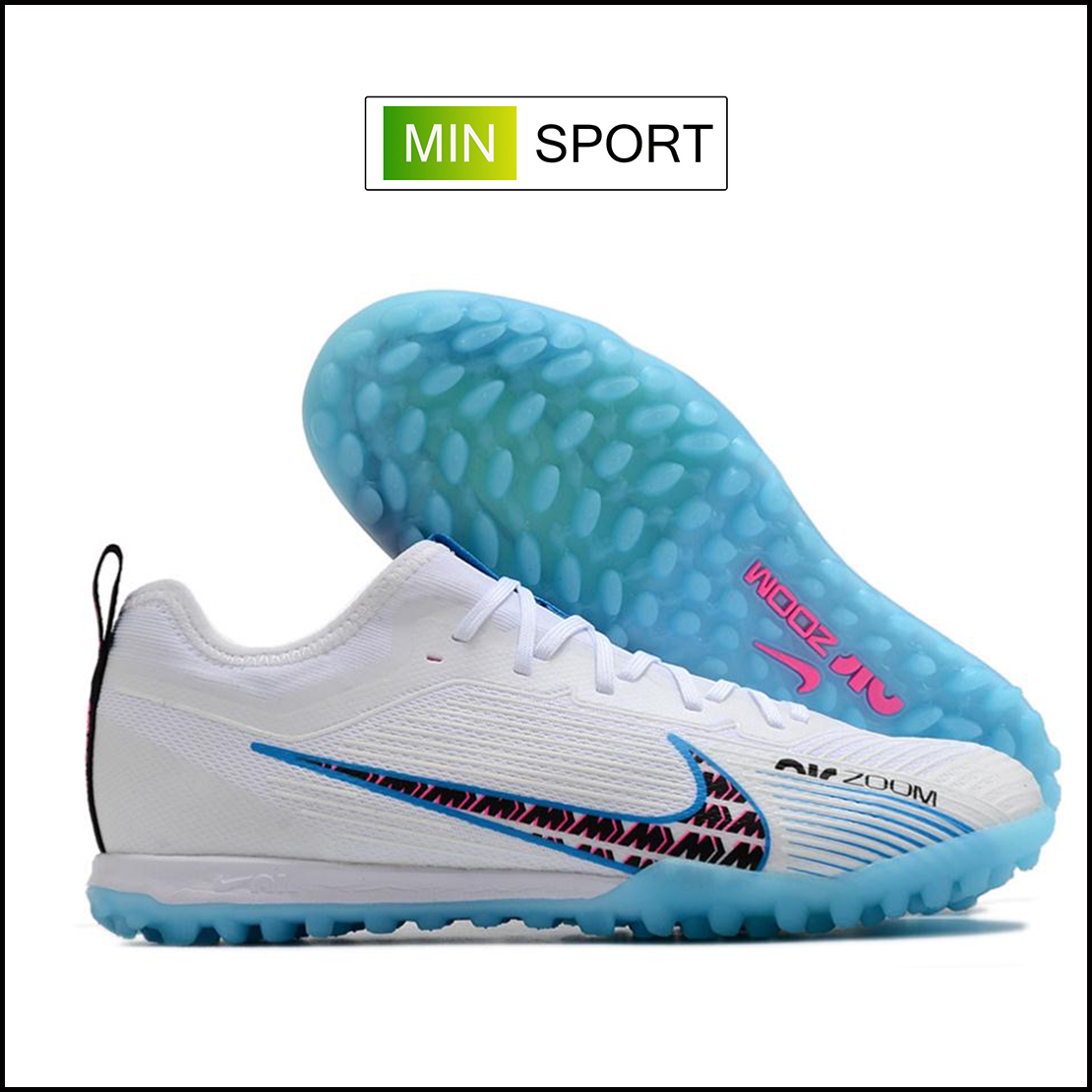 Giày Bóng Đá Nike Mercurial Vapor 15 Pro Trắng Vạch Đen Đế Xanh Biển Cổ Lửng HQ TF